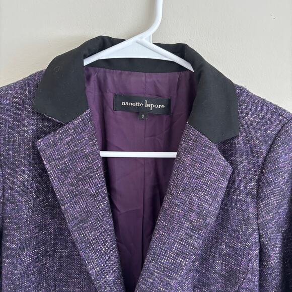 Nanette Lepore Wool Blend Purple Tweed Blazer Twee Academia Preppy Elbow Patch 2 - Picture 2 of 9